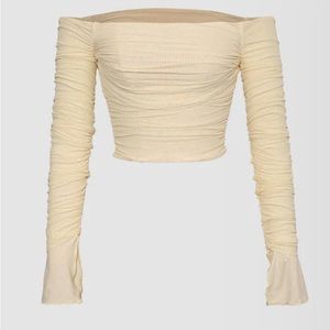 Off the shoulder ruched sheer ivory beige long sleeve top blouse